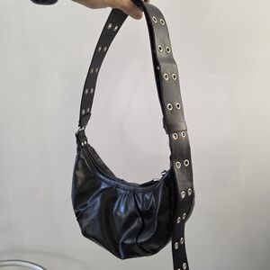 Black Leather Hobo Bag with Grommet Strap